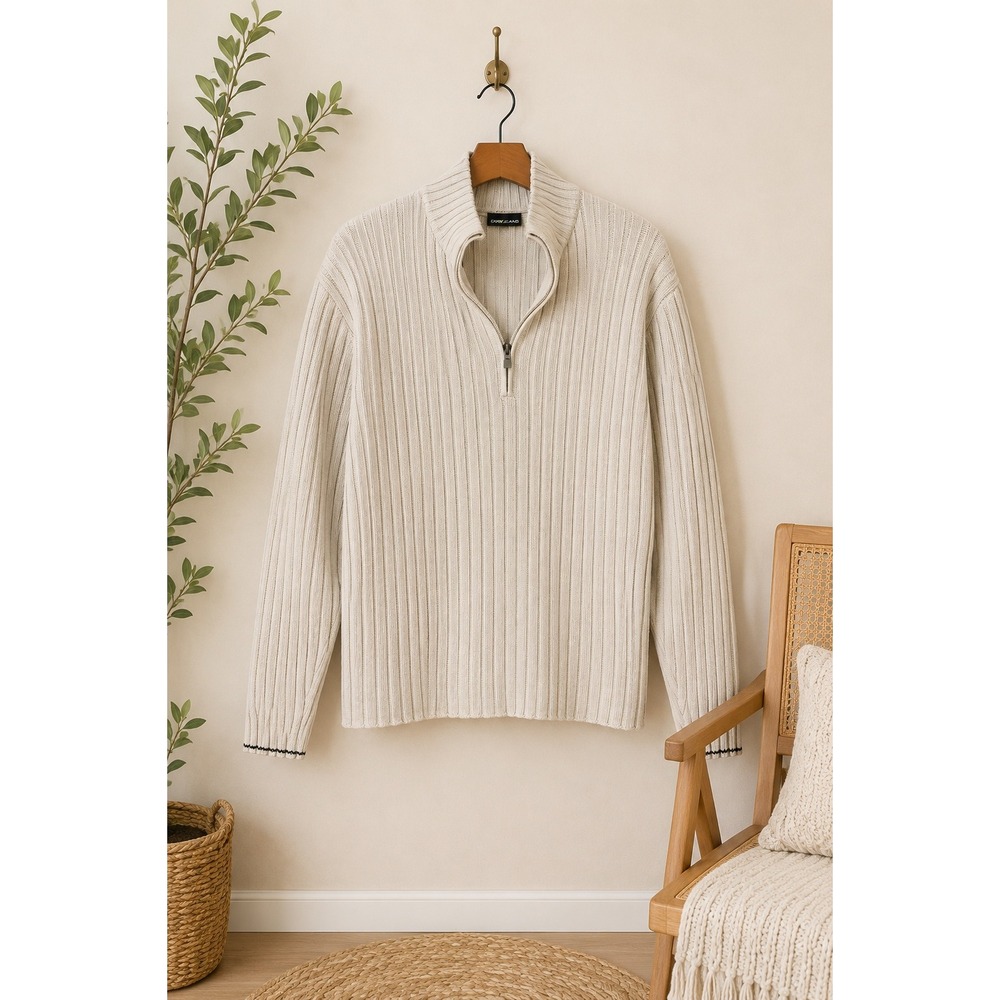 Vintage DKNY Jeans Cable Knit 1/4 Zip‎ Sweater Beige Cotton Grandpa Core Mens L
